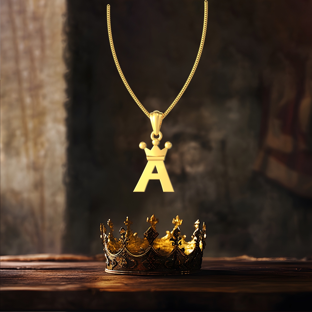 Gold A initial pendant with royal crown design