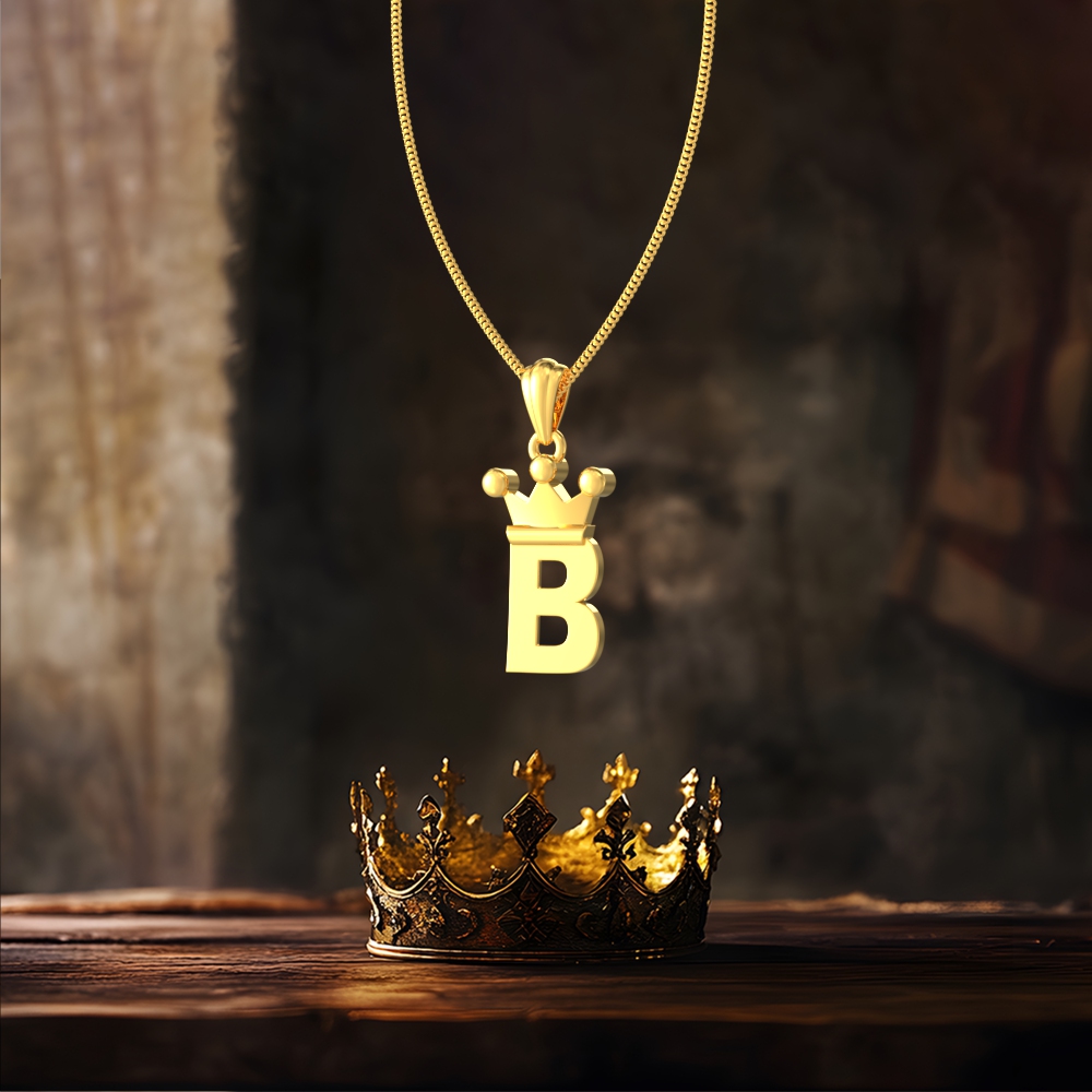 Gold B initial pendant with royal crown design