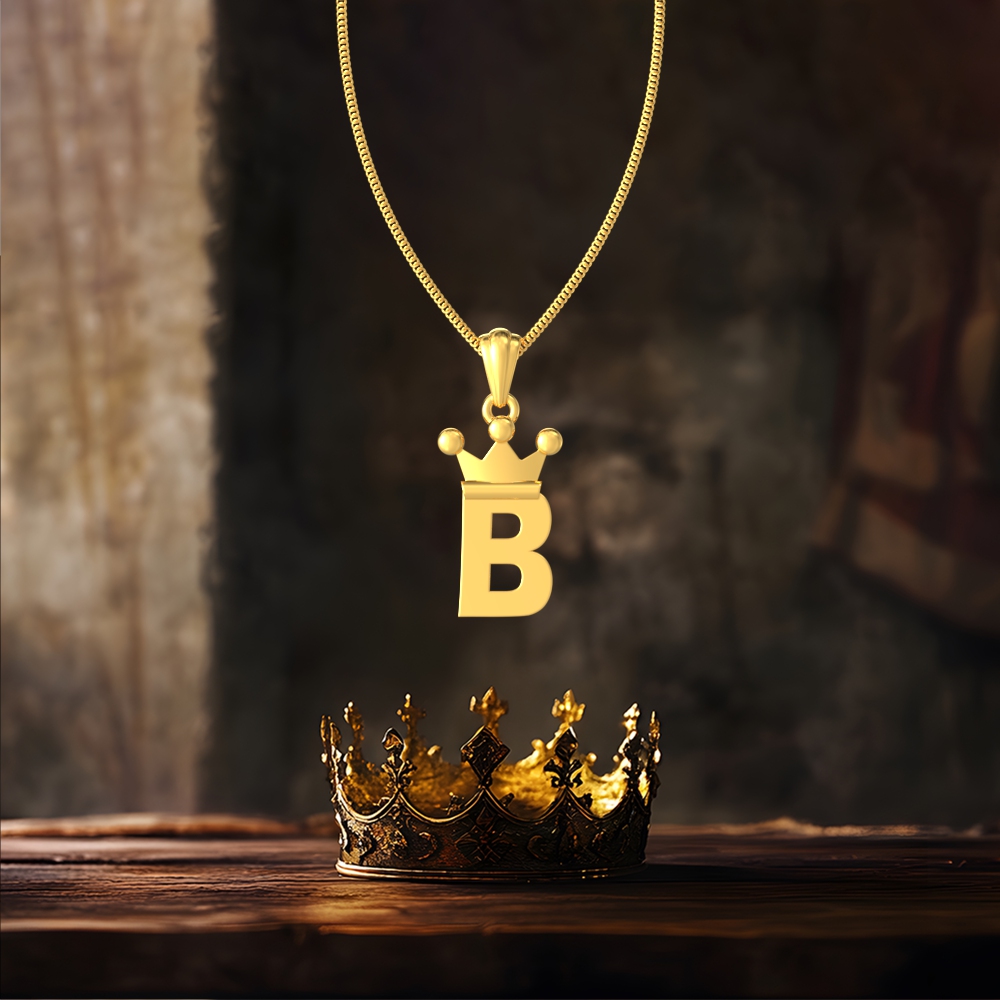 Gold B initial pendant with royal crown design