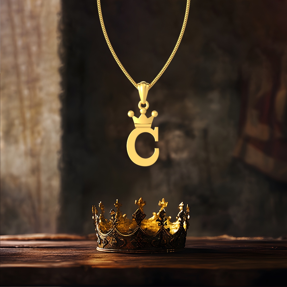 Gold C initial pendant with royal crown design