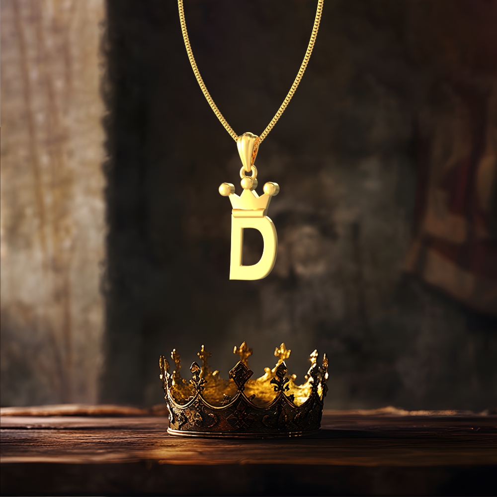 Gold D initial pendant with royal crown design