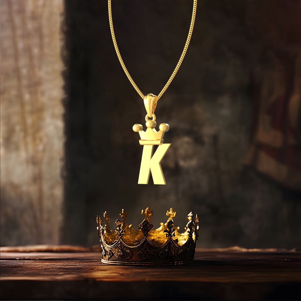 Gold K initial pendant with royal crown design