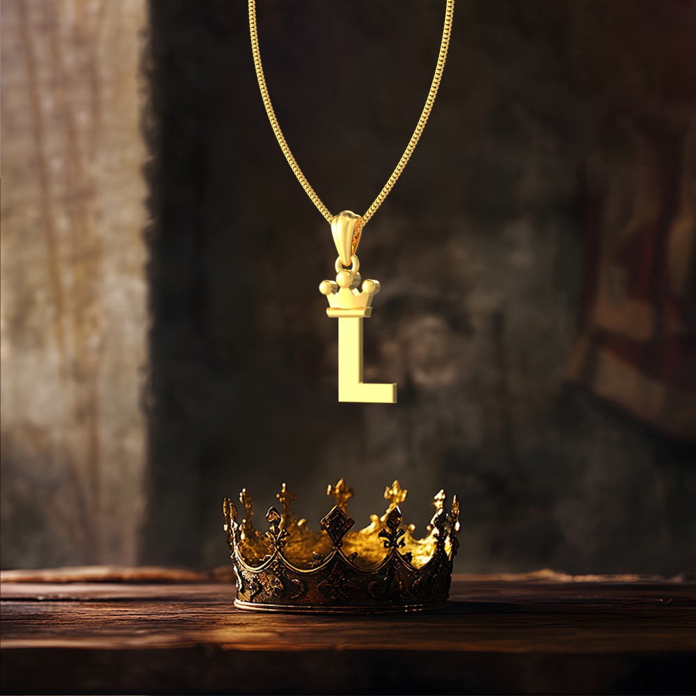 Gold L initial pendant with royal crown design