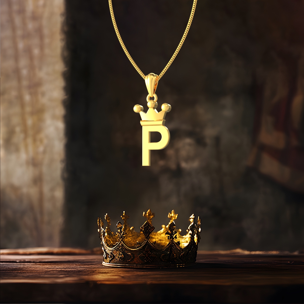 Gold P initial pendant with royal crown design