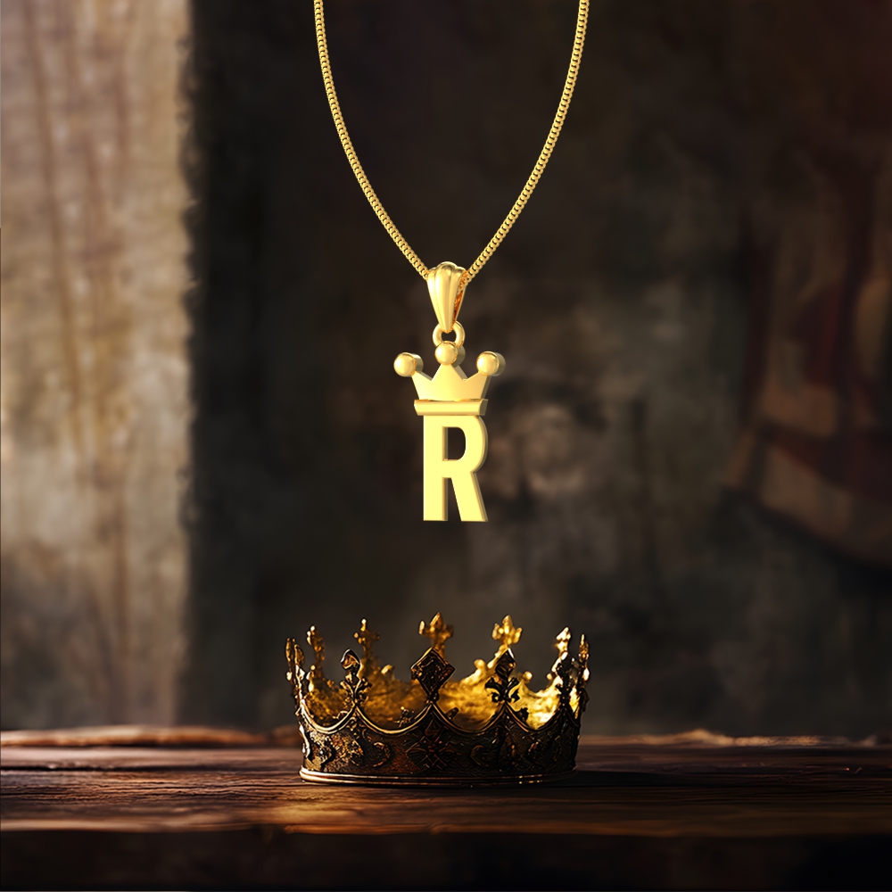 Gold R initial pendant with royal crown design