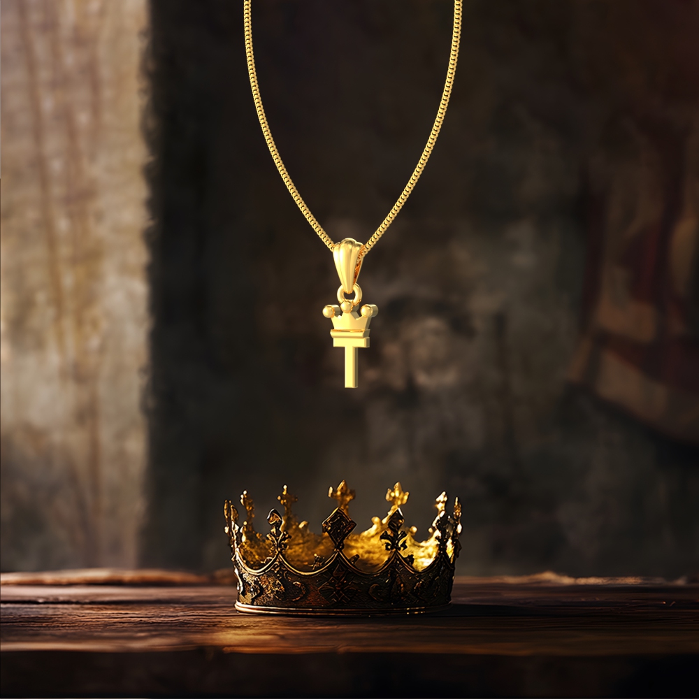 Gold T initial pendant with royal crown design