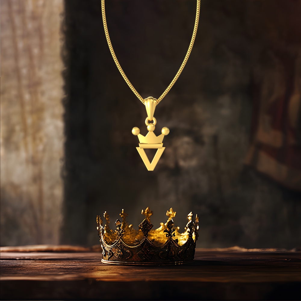 Gold V initial pendant with royal crown design