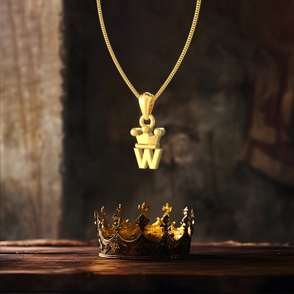 Gold W initial pendant with royal crown design