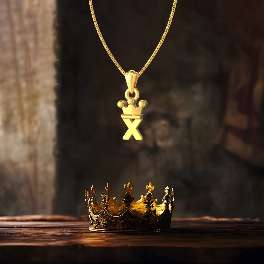 Gold X initial pendant with royal crown design